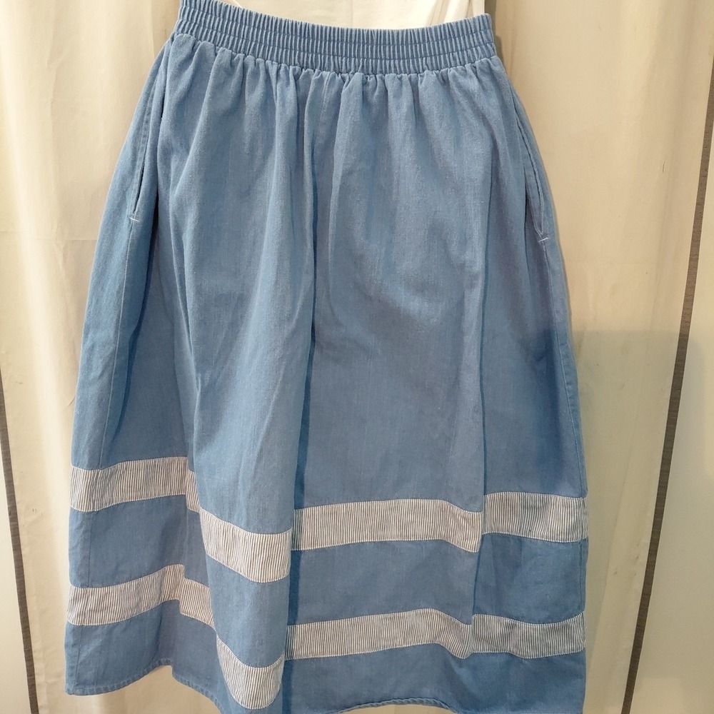 Vintage 90's Embroidered Striped Trim Demin Cottagecore Midi Skirt Cotton 16 - Picture 4 of 10